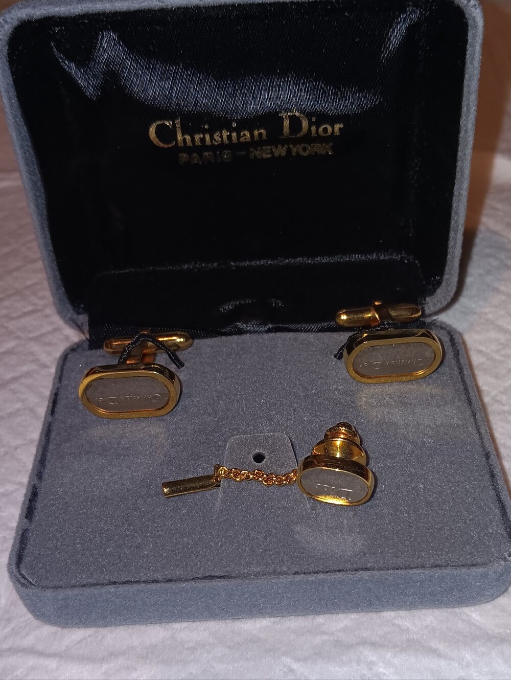 Dior Gold and Gray Cufflinks & Tie Tack Set